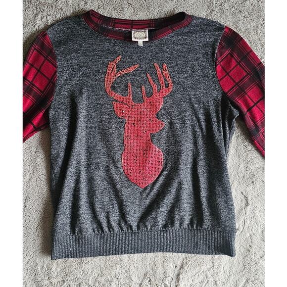 Tru Self Deer Plaid Sweatshirt, Red Black, Buck, Embellished, Holiday Sz L - Picture 4 of 8